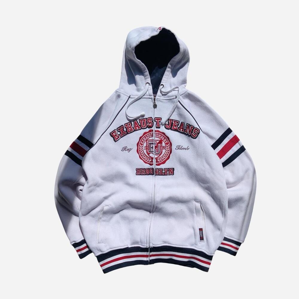 Y2K Exhaust Jeans white zip up hoodie with embroidered details